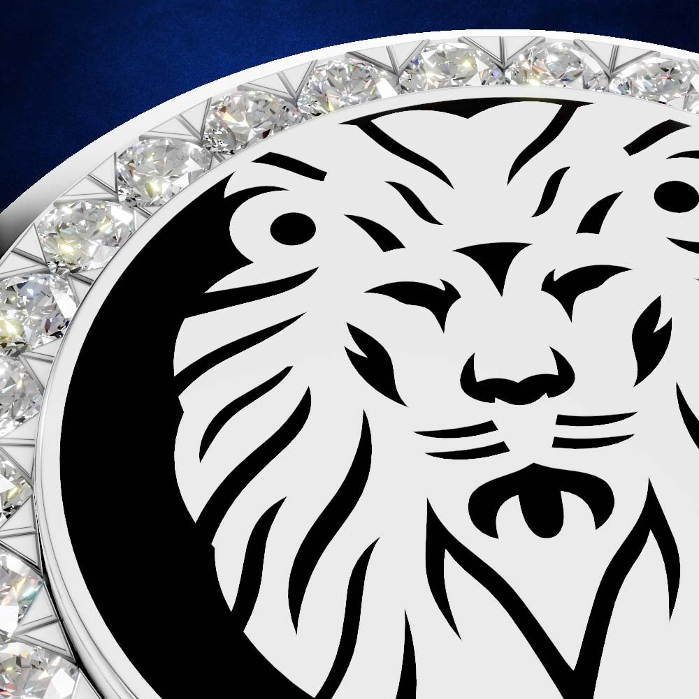 A close-up of a round jewelry piece featuring a bold black lion head on a white circular face, surrounded by a border of clear faceted crystals on a dark blue background.