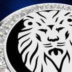 A close-up of a round jewelry piece featuring a bold black lion head on a white circular face, surrounded by a border of clear faceted crystals on a dark blue background.