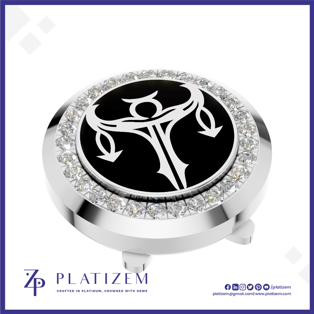 A round silver-toned golf ball marker with a black center featuring a white stylized golf hole symbol, surrounded by a halo of clear crystals. The brand name 'PLATIZEM' is visible at the bottom of the image.