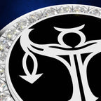 Close-up of a circular black pendant or medallion with a white stylized symbol in the center and a border of clear faceted gemstones on a dark blue background.