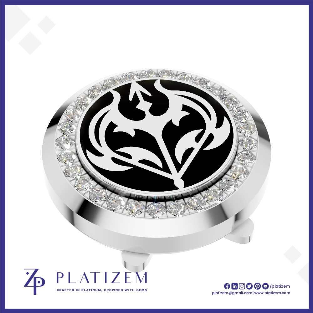 A round golf flag hole marker with a polished silver-tone metal body, a black center featuring a white stylized bird emblem, a halo of clear rhinestones, and a small flagstick extending downward. The brand name PLATIZEM is visible at the bottom of the image.