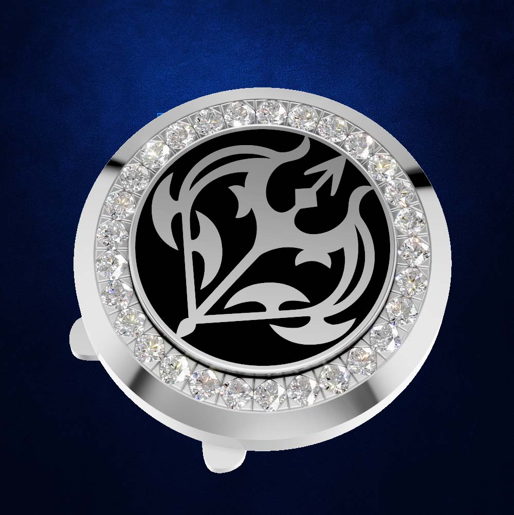 A round silver-toned car horn button or key fob cover featuring a black center with a silver stylized emblem, surrounded by a border of clear rhinestones, set against a dark blue textured background.