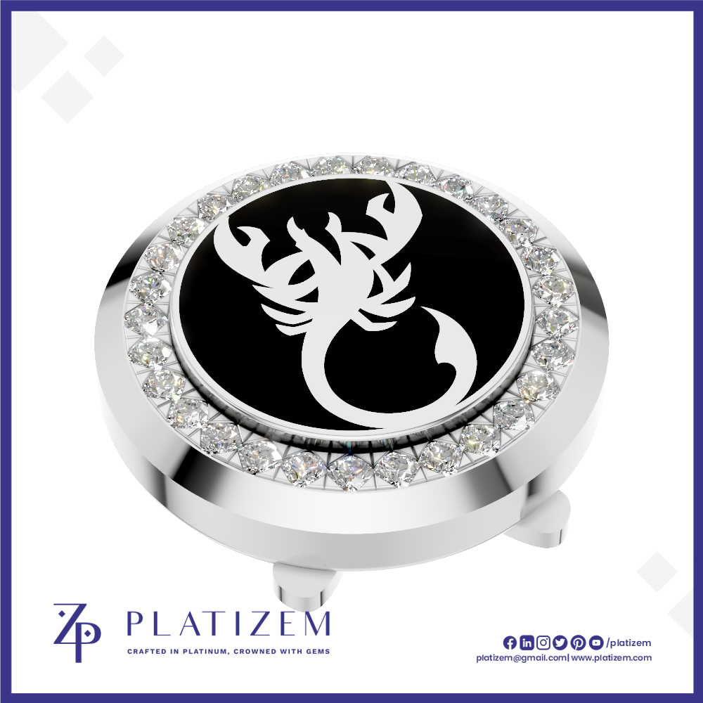 A round golf club headcover featuring a polished silver-tone metal bezel set with clear crystals, a central black circular insert with a white scorpion emblem, and a matching silver base. The brand name 'PLATIZEM' is visible at the bottom of the image.