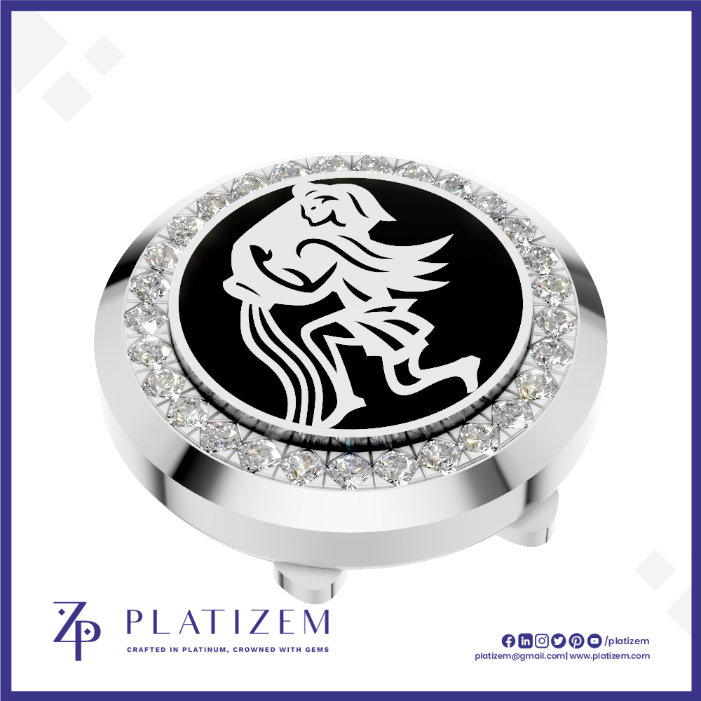 A round silver-toned golf ball cap featuring a black center with a white stylized horse logo, surrounded by a halo of clear crystals. The brand name 'PLATIZEM' is visible at the bottom of the image.