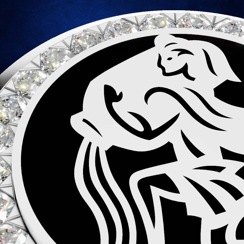 A close-up of a circular black and white emblem or medallion featuring a stylized white figure, surrounded by a border of clear faceted gemstones on a dark blue background.
