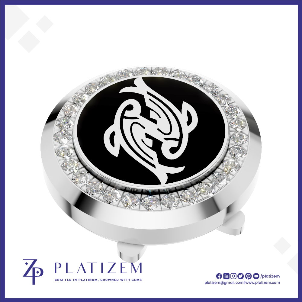 A round golf flagstick cap featuring a polished silver-tone bezel set with clear crystals, a black center disc with a white stylized animal emblem, and a threaded base. The brand name PLATIZEM is visible at the bottom of the image.
