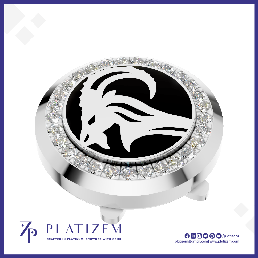 A round silver-tone golf club headcover with a black center featuring a white ram head logo, surrounded by a halo of clear rhinestones. The Platizem brand logo is visible at the bottom of the image.