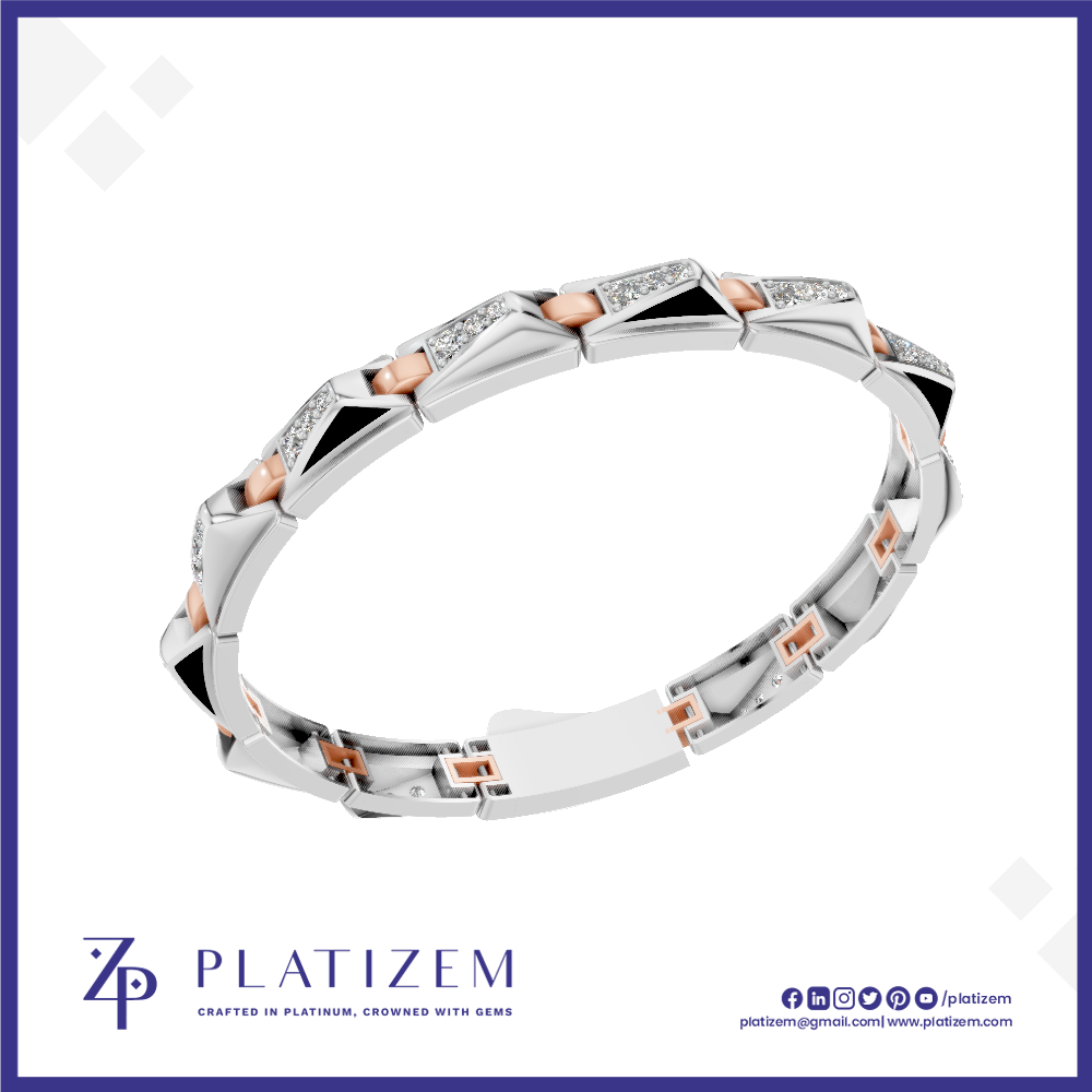 A silver-toned geometric bracelet with rose gold accents and clear stones, displayed on a white background with the brand logo 'PLATIZEM' at the bottom.