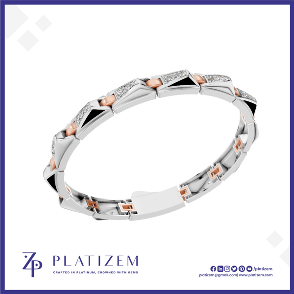 A silver-toned geometric bracelet with rose gold accents and clear stones, displayed on a white background with the brand logo 'PLATIZEM' at the bottom.
