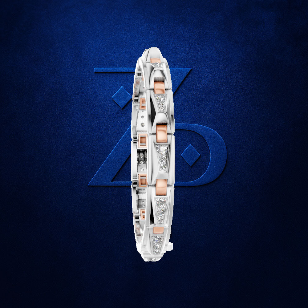 A white gold or platinum bangle bracelet with rose gold accents and pavé diamonds, shown vertically against a textured dark blue background with a subtle blue geometric logo.