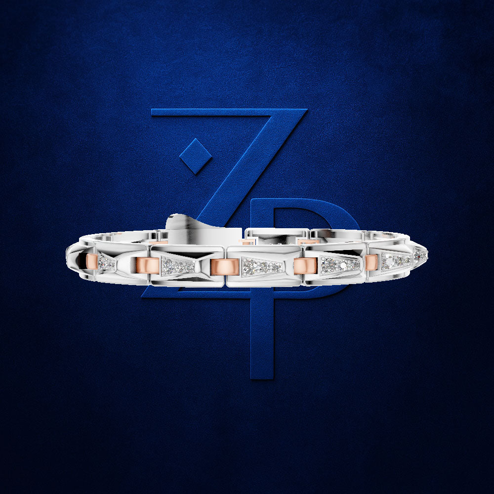 A silver-toned bracelet with rose gold rectangular accents and small clear stones, displayed horizontally against a dark blue textured background with a large blue stylized ZP logo.