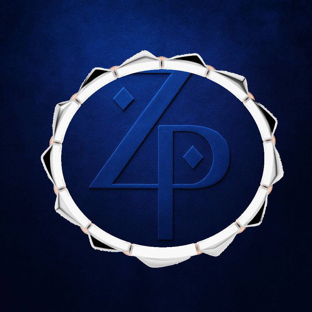 A circular white and silver metallic emblem with a stylized blue '4P' monogram on a textured dark blue background.