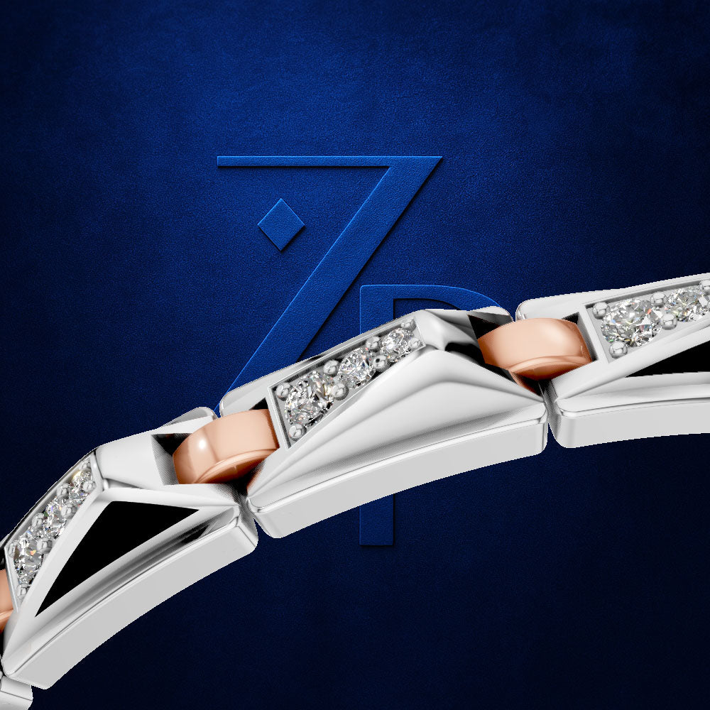 A close-up of a geometric link bracelet featuring silver-toned triangular links, clear pavé-set stones, and rose gold accents, set against a textured dark blue background with a large blue stylized 'Z' logo.