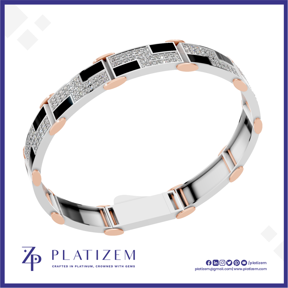 A silver and rose gold geometric bracelet with black inlay panels and rows of clear stones, shown on a white background with the Platizem brand logo at the bottom.