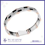 A silver and rose gold geometric bracelet with black inlay panels and rows of clear stones, shown on a white background with the Platizem brand logo at the bottom.
