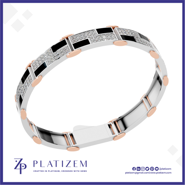 A silver and rose gold geometric bracelet with black inlay panels and rows of clear stones, shown on a white background with the Platizem brand logo at the bottom.