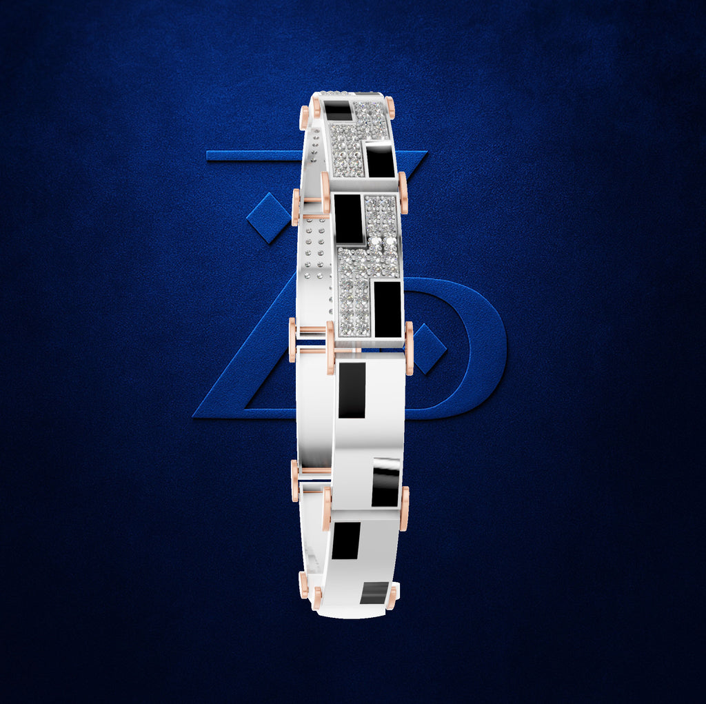 A silver-toned bangle bracelet with alternating rectangular black inlays and pavé-set clear stones, shown on a dark blue textured background with a large stylized blue ZD logo behind it.