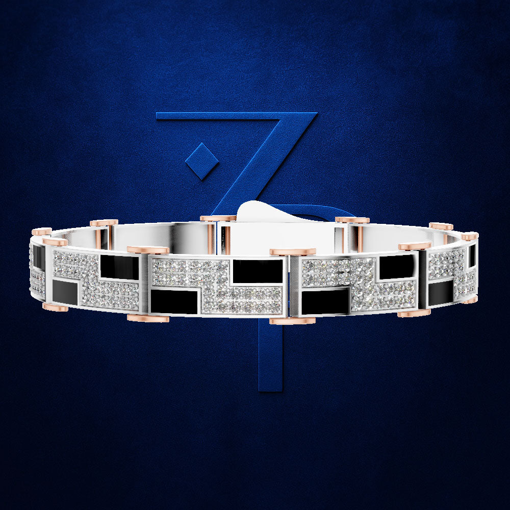 A geometric stretch bracelet featuring silver-toned rectangular links with pavé-set clear stones, alternating with black square inlays and rose gold cylindrical accents, displayed against a textured dark blue background with a stylized blue 'Z' logo.
