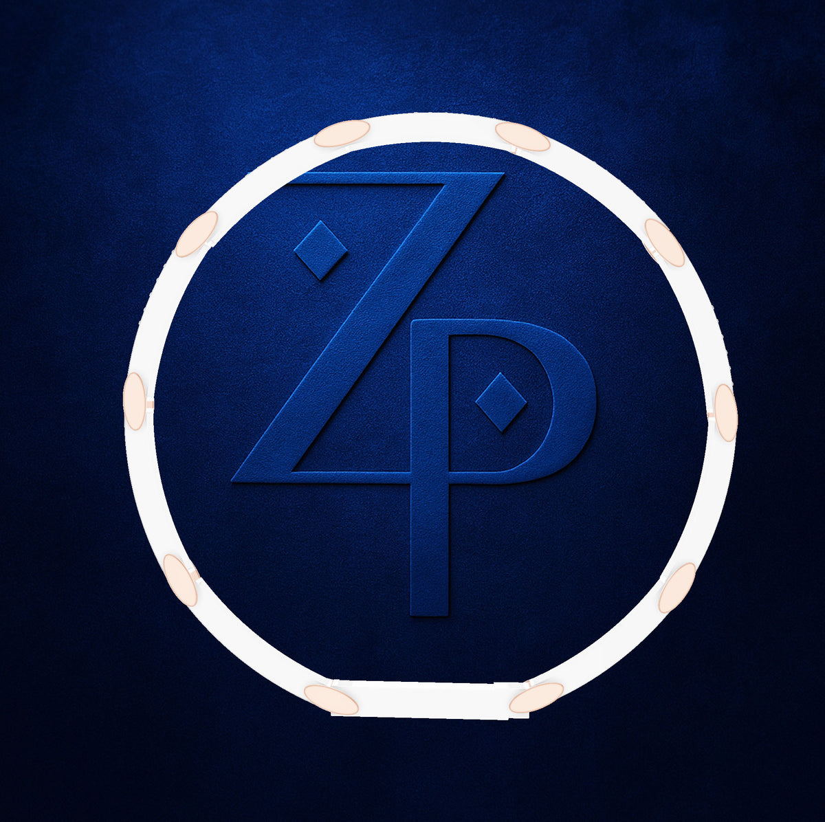 A circular white frame with a stylized embossed 'ZP' monogram in dark blue, set against a textured dark blue background.