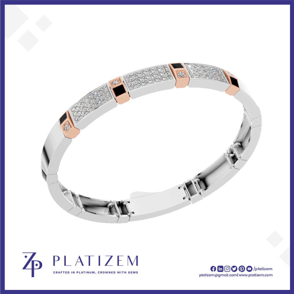 A white gold or platinum bracelet with pavé-set clear stones, rose gold accent squares, and small black inlays, shown on a white background with the Platizem brand logo at the bottom.