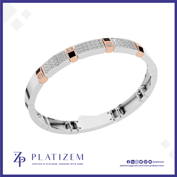 A white gold or platinum bracelet with pavé-set clear stones, rose gold accent squares, and small black inlays, shown on a white background with the Platizem brand logo at the bottom.