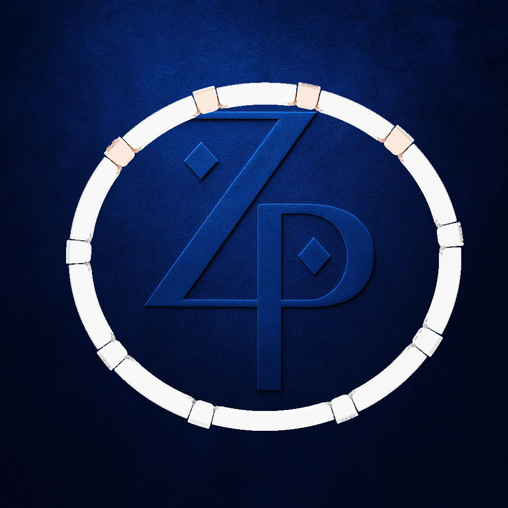 A circular white ring with a stylized blue interlocking 'Z' and 'P' monogram in the center, set against a textured dark blue background.