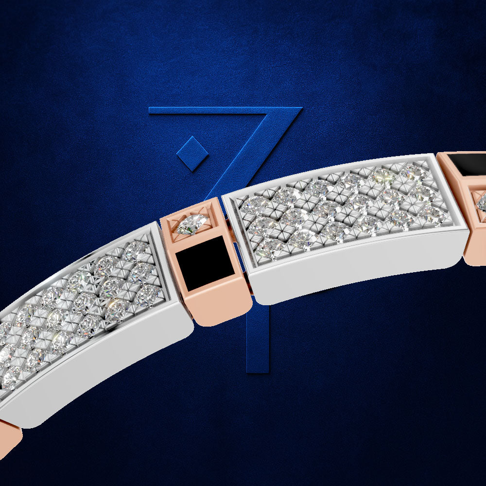 A close-up of a luxury bracelet featuring pavé diamonds, rose gold accents, and a black square inlay, set against a dark blue textured background with a stylized blue number 7.