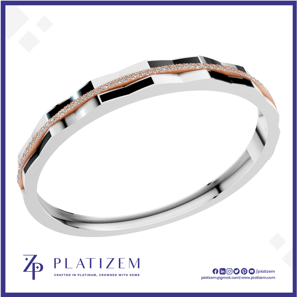 A geometric silver-toned ring with a rose gold accent stripe and pavé-set clear stones, shown on a white background with the Platizem brand logo at the bottom.