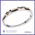 A geometric silver-toned ring with a rose gold accent stripe and pavé-set clear stones, shown on a white background with the Platizem brand logo at the bottom.