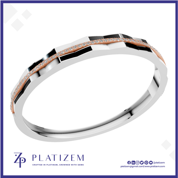 A geometric silver-toned ring with a rose gold accent stripe and pavé-set clear stones, shown on a white background with the Platizem brand logo at the bottom.
