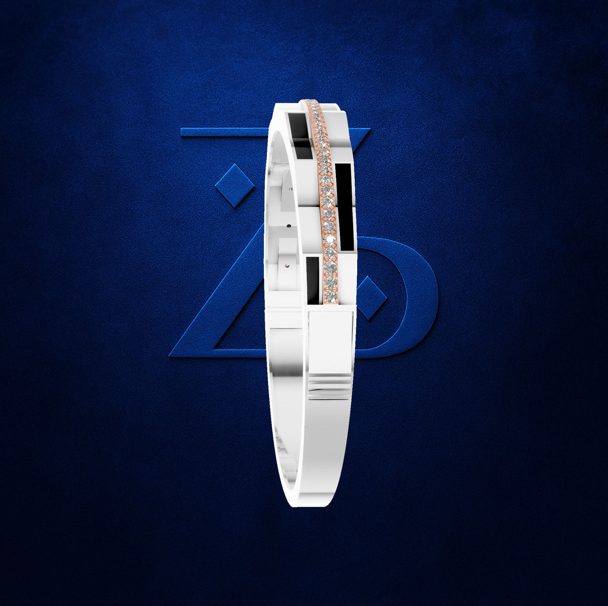 A white and black geometric bangle bracelet with a central rose gold diamond-studded stripe, displayed against a textured dark blue background with a subtle geometric logo.