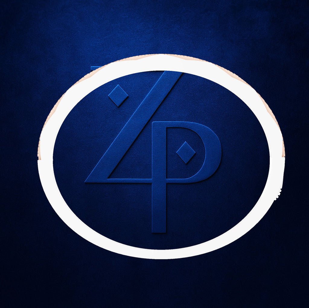 A stylized blue monogram logo featuring the letters '4' and 'P' inside a white oval border, centered on a textured dark blue background.