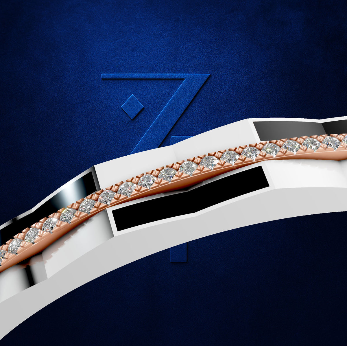 A close-up studio shot of a curved white ring with a rose-gold band set with multiple clear gemstones, shown against a dark blue textured background with a stylized blue 'Z' logo.