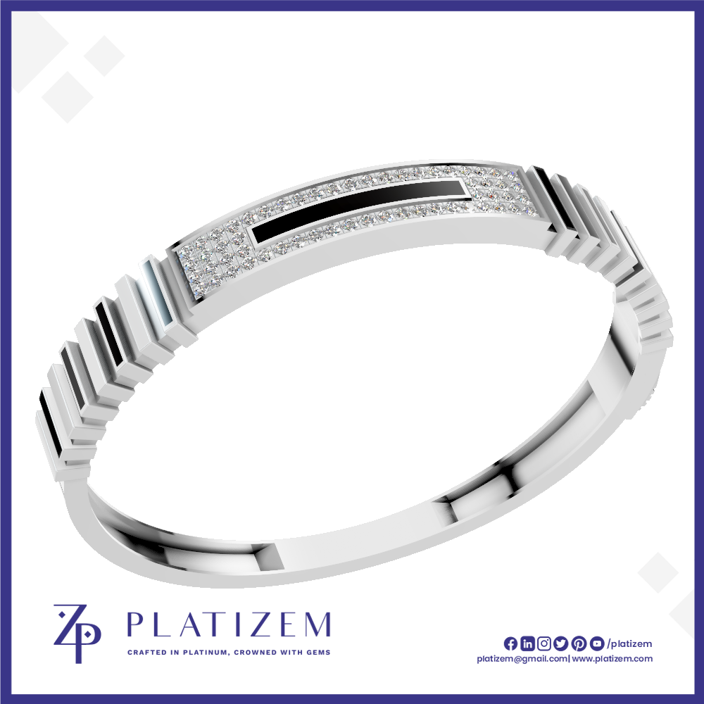 A silver-toned geometric ring with a central black inlay and rows of clear stones, shown on a white background with the Platizem brand logo at the bottom.