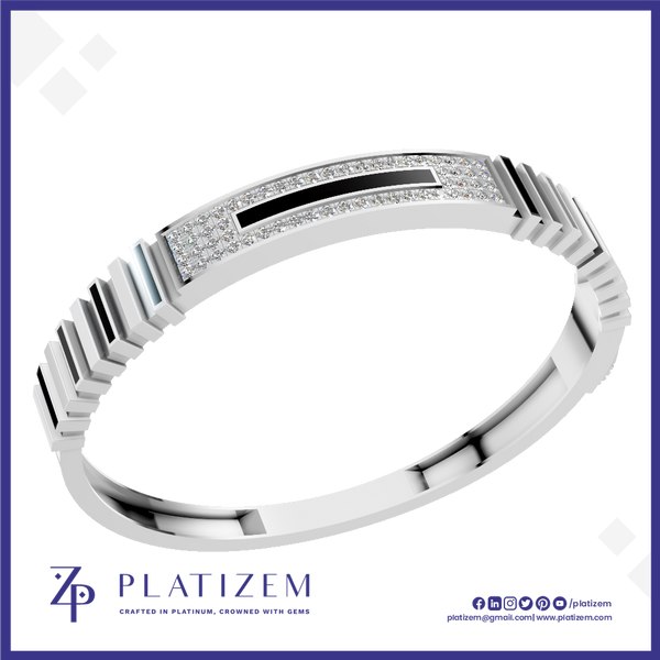 A silver-toned geometric ring with a central black inlay and rows of clear stones, shown on a white background with the Platizem brand logo at the bottom.