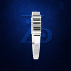 A silver-toned metal watch band with a textured top and horizontal ridges, shown vertically against a dark blue textured background with a subtle geometric logo.