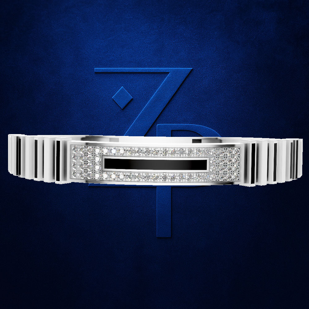 A silver-toned men's watch band featuring a central rectangular bezel set with round and square clear stones, flanked by striped side links, displayed against a dark blue textured background with a stylized blue 'ZP' logo.