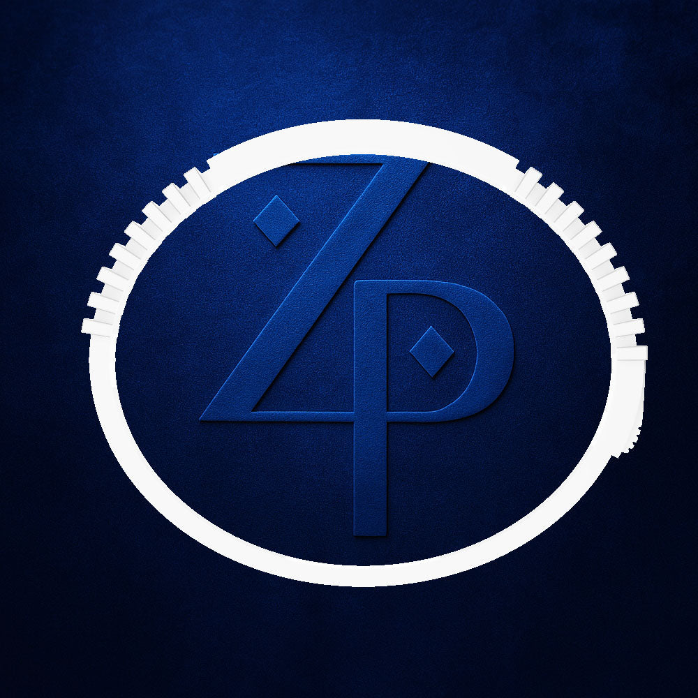 A stylized white circular emblem with a serrated outer edge and a blue monogram logo inside, centered on a textured dark blue background.