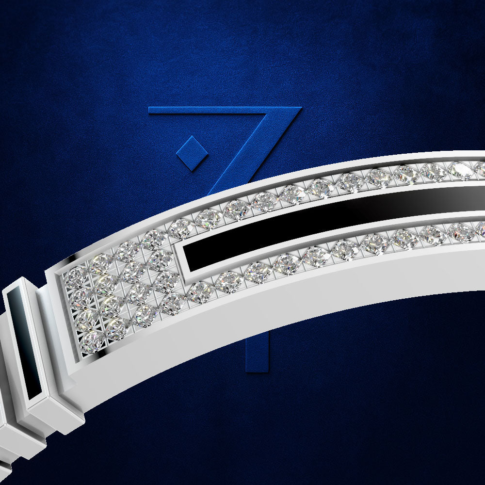 A close-up studio shot of a white curved watch band or bracelet with rows of clear stones and black inlay sections, set against a textured deep blue background with a large blue numeral 7 behind it.