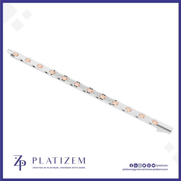 A slim white LED light strip with multiple rose gold/copper-colored lenses, shown diagonally on a white background with a blue border and the Platizem brand logo at the bottom.