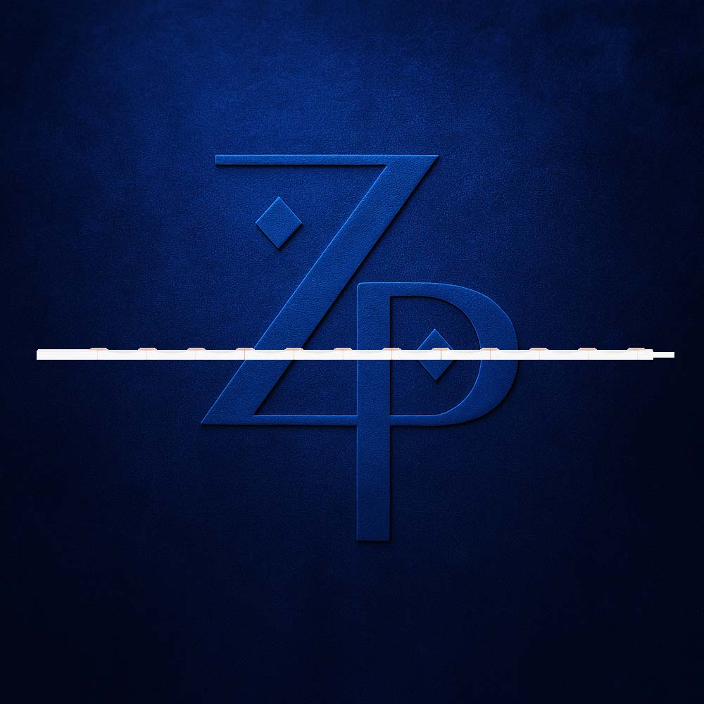 A stylized blue 'ZP' monogram logo centered on a dark textured blue background, with a thin white horizontal line crossing the middle.