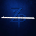 A white LED light strip with multiple warm-white light modules, shown horizontally against a textured dark blue background with a large stylized 'ZP' logo behind it.
