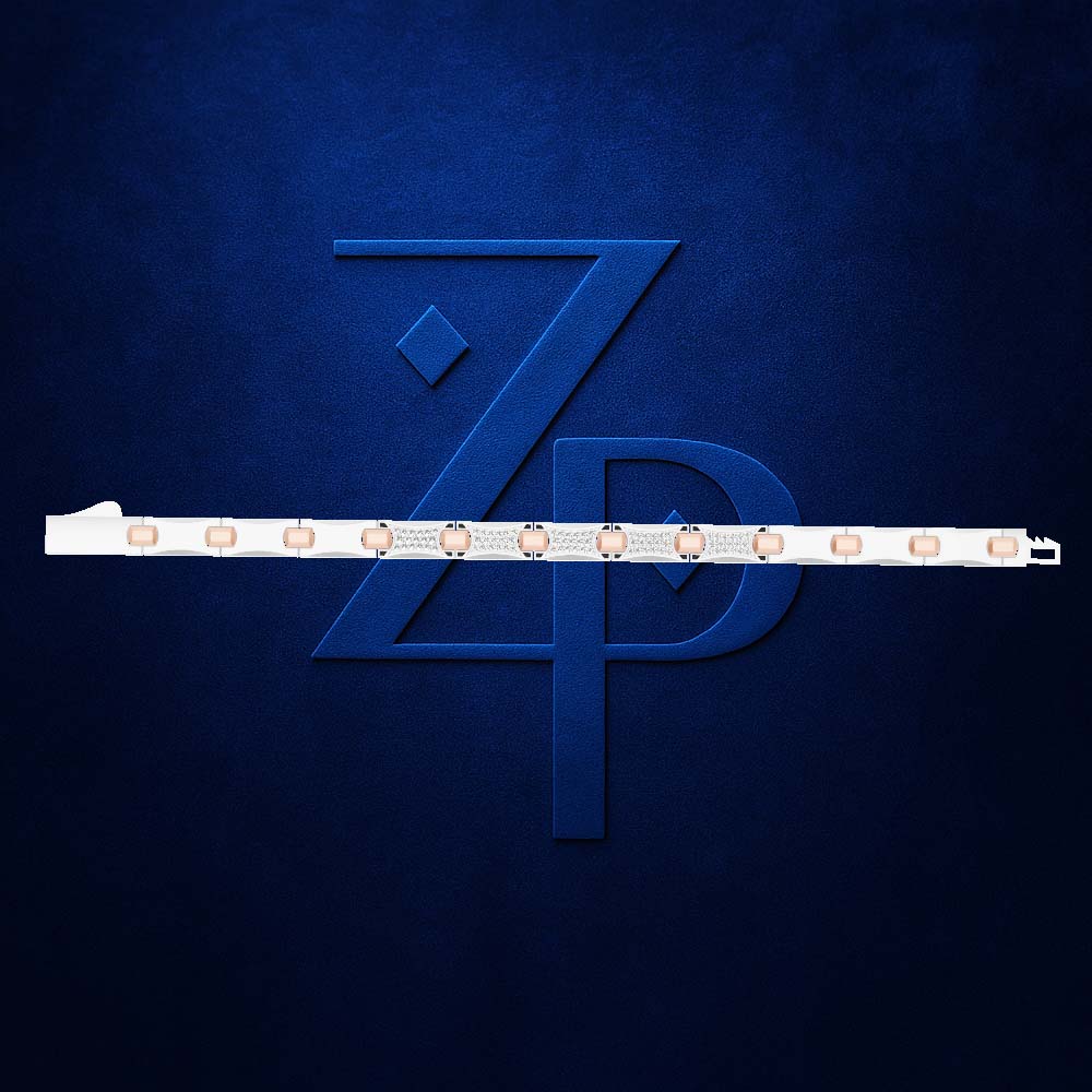 A white LED light strip with multiple warm-white light modules, shown horizontally against a textured dark blue background with a large stylized 'ZP' logo behind it.