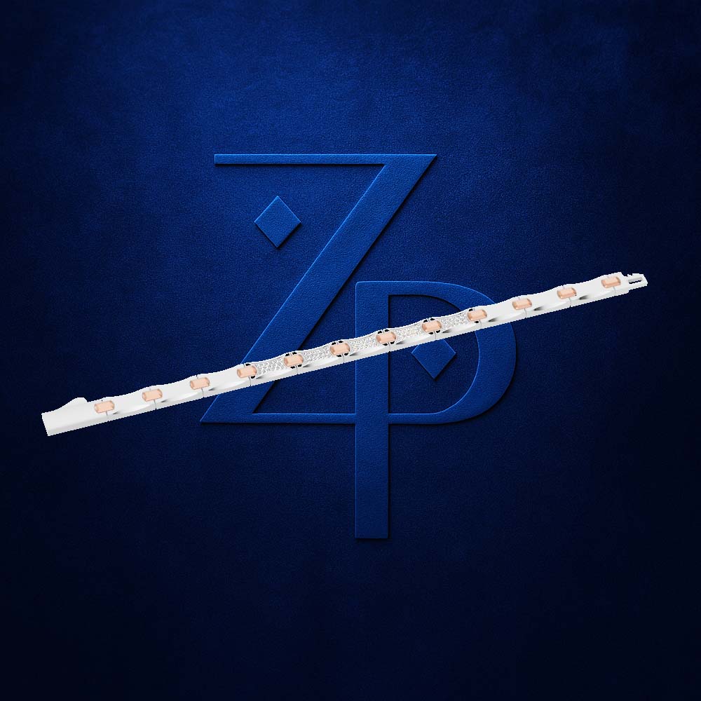 A white LED light strip with multiple warm white light chips, shown diagonally across a dark textured blue background with a large embossed stylized 'ZP' logo.