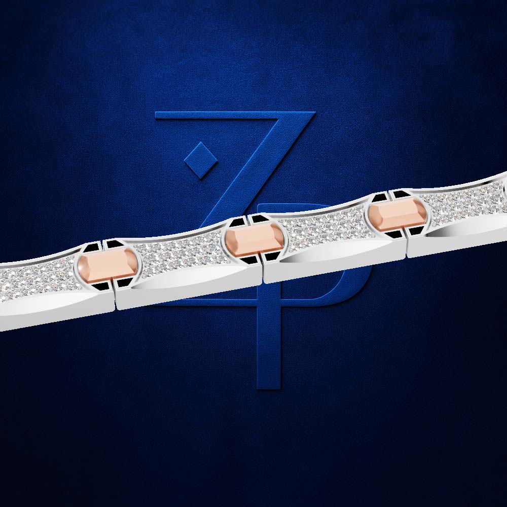 A close-up studio shot of a white gold or platinum bracelet featuring three rose gold oval bezel settings set with small clear stones, presented against a textured dark blue background with a stylized blue 'Z' logo.