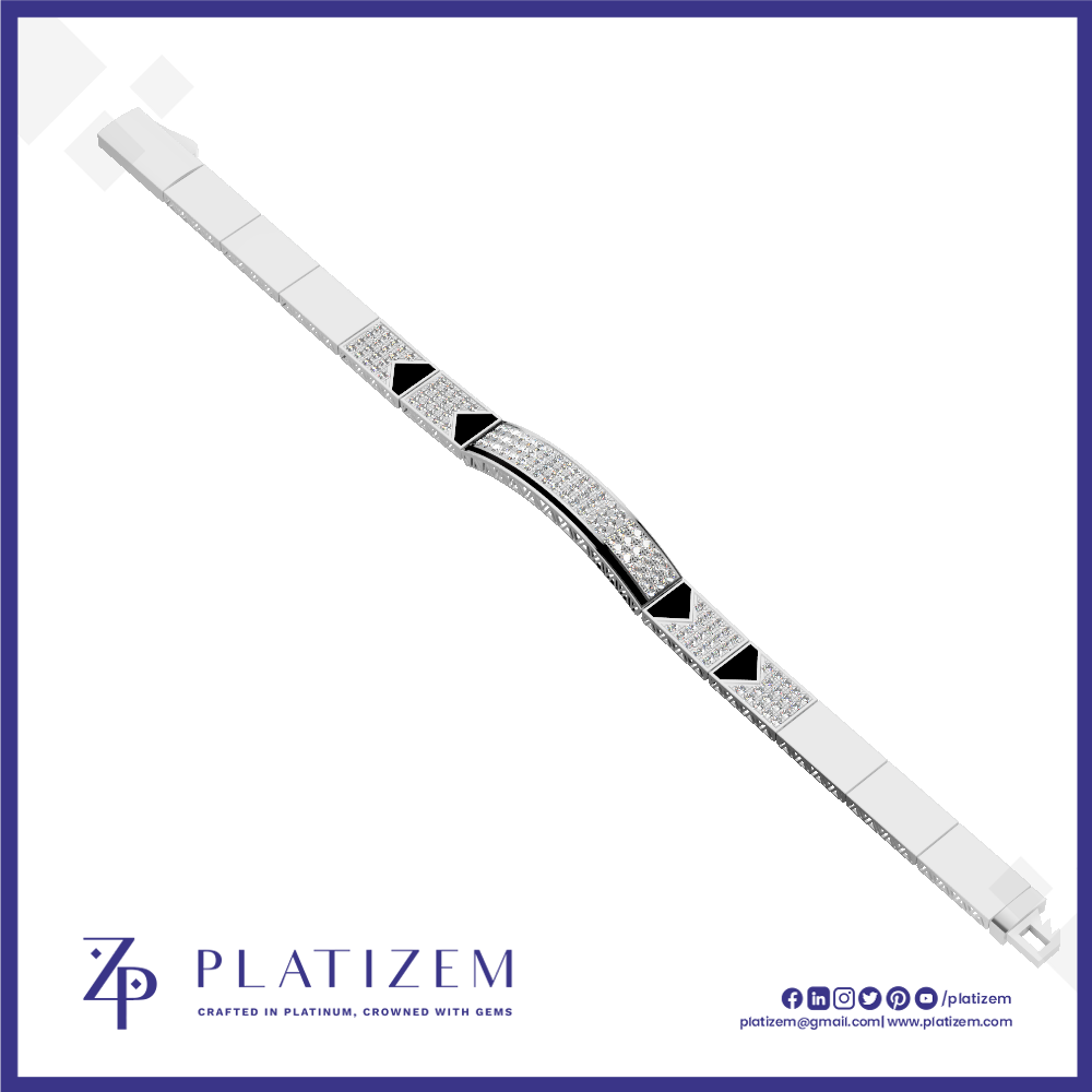 A white and silver-plated bracelet with black triangular inlays and rows of clear stones, shown diagonally on a white background with the Platizem brand logo at the bottom.