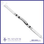 A white and silver-plated bracelet with black triangular inlays and rows of clear stones, shown diagonally on a white background with the Platizem brand logo at the bottom.