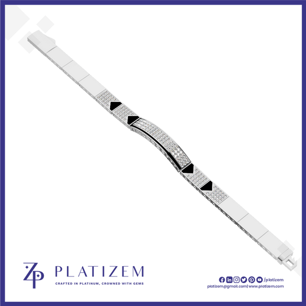 A white and silver-plated bracelet with black triangular inlays and rows of clear stones, shown diagonally on a white background with the Platizem brand logo at the bottom.