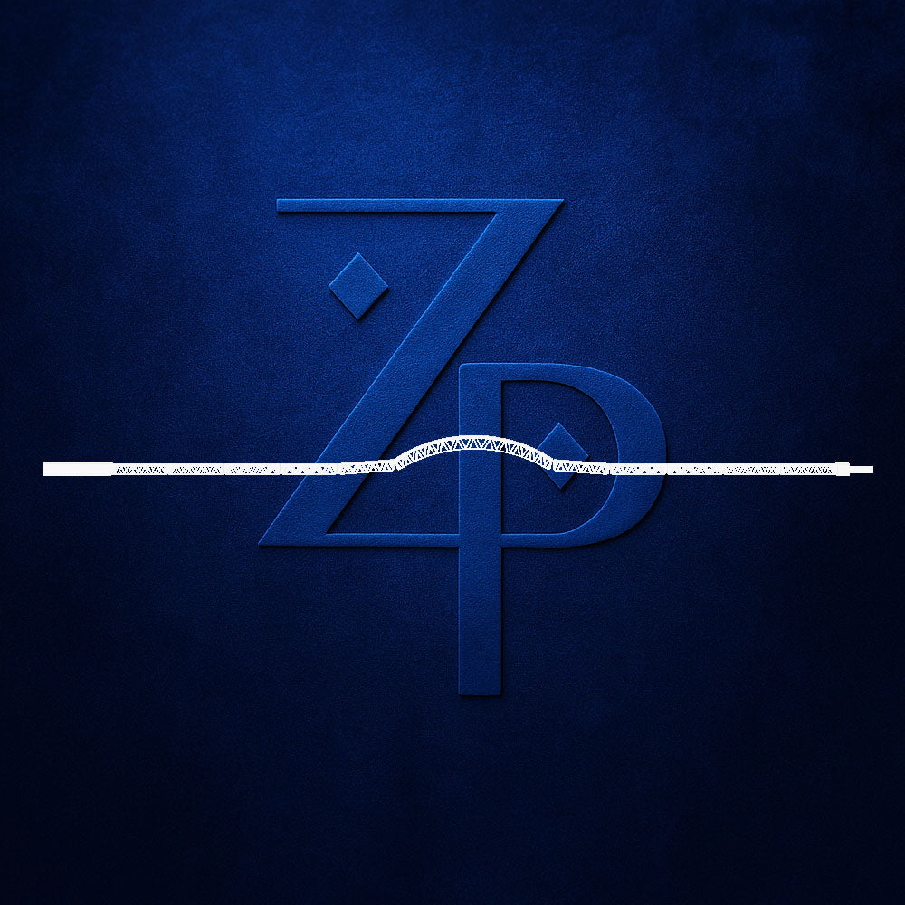 A close-up of a white braided cord or cable laid horizontally across a textured dark blue surface, with a large embossed stylized 'ZP' logo behind it.