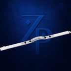 A close-up of a white textured strap or band with small black triangular accents, laid diagonally across a dark blue textured background with a large embossed stylized 'ZP' logo.